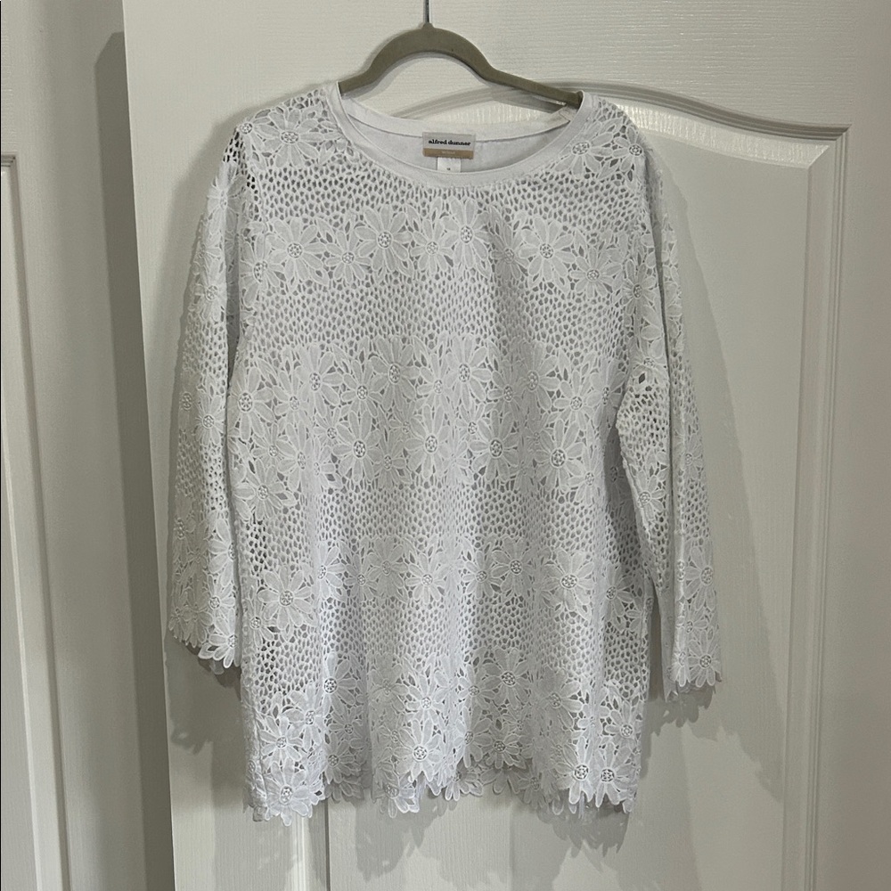 Alfred Dunner White Floral Lace Blouse